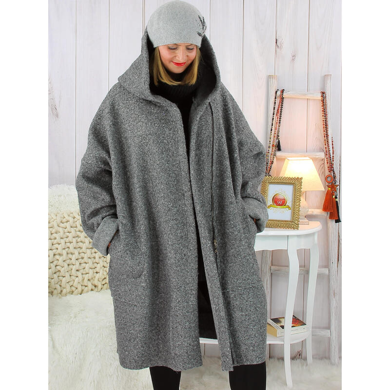 Manteau VITTO hiver capuche bouclette gris chiné Manteau femme grande taille