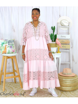 Robe longue maxi dentelle été grande taille ANNIE rose