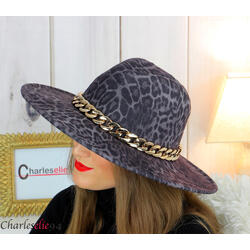 Chapeau femme feutre laine larges bords chaînette hb43 noir léopard Accessoires mode femme