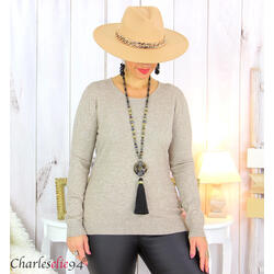 Pull femme col rond touché cachemire FETY taupe Pull femme grande taille