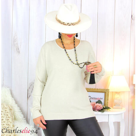 Pull femme col rond touché cachemire FETY beige Pull femme grande taille