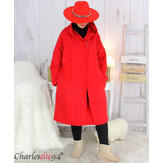 Veste longue capuche sweat polaire hiver rouge CHANA Manteau femme grande taille