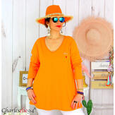 T-shirt coton brodé été femme grande taille CINTA orange Tee shirt tunique femme grande taille
