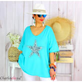 T-shirt ete PAIX femme grande taille brodé étoile turquoise Tee shirt tunique femme grande taille