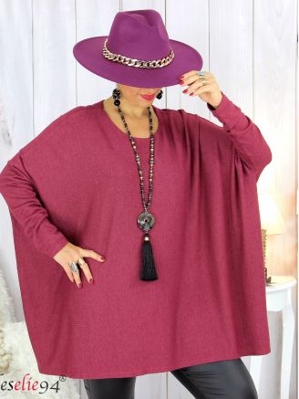 Pull tunique doux femme grandes tailles AGATHA bordeaux|Charleselie94