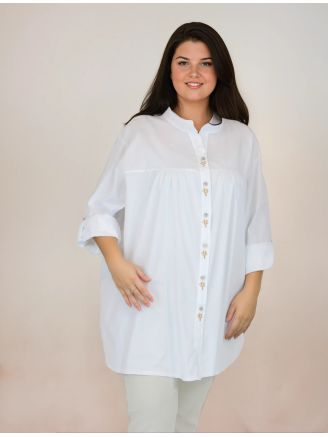 Chemise longue TASMINE coton col mao blanc