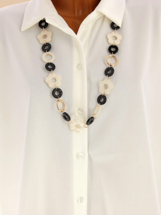 Collier sautoir résine CL5112 noir et blanc effet nacré