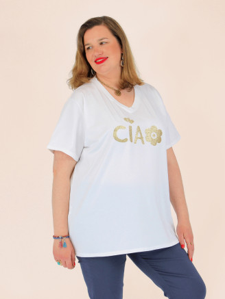 T-shirt  col V coton été JEMIMA1 motif doré ciao