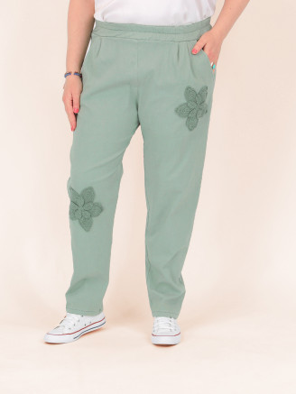 Pantalon grande taille coton broderie fleurs ELOA kaki