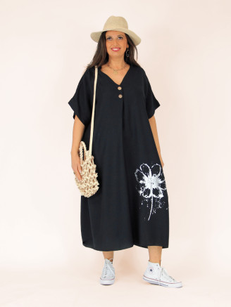 Robe longue été col V ILDA noir