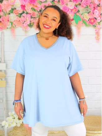 T-shirt Été Col V Femme Grandes Tailles RAOUL bleu ciel