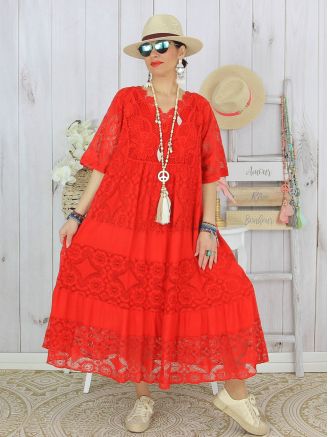 Robe longue été en dentelle NINOU rouge