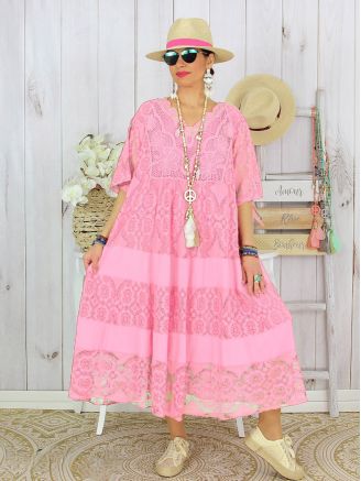Robe longue été dentelle NINOU rose