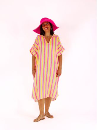 Robe tunique gaze de coton rayures fluo CINDY jaune
