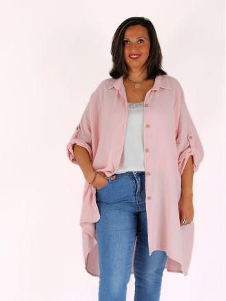 Chemise longue veste gaze de coton MARIJA rose poudré