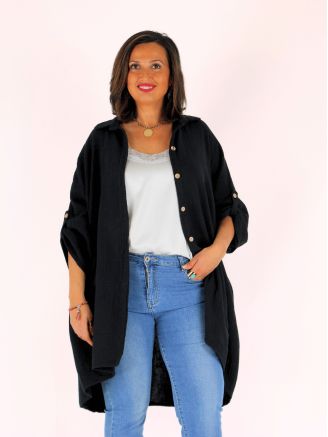 Chemise longue veste gaze de coton MARIJA noir