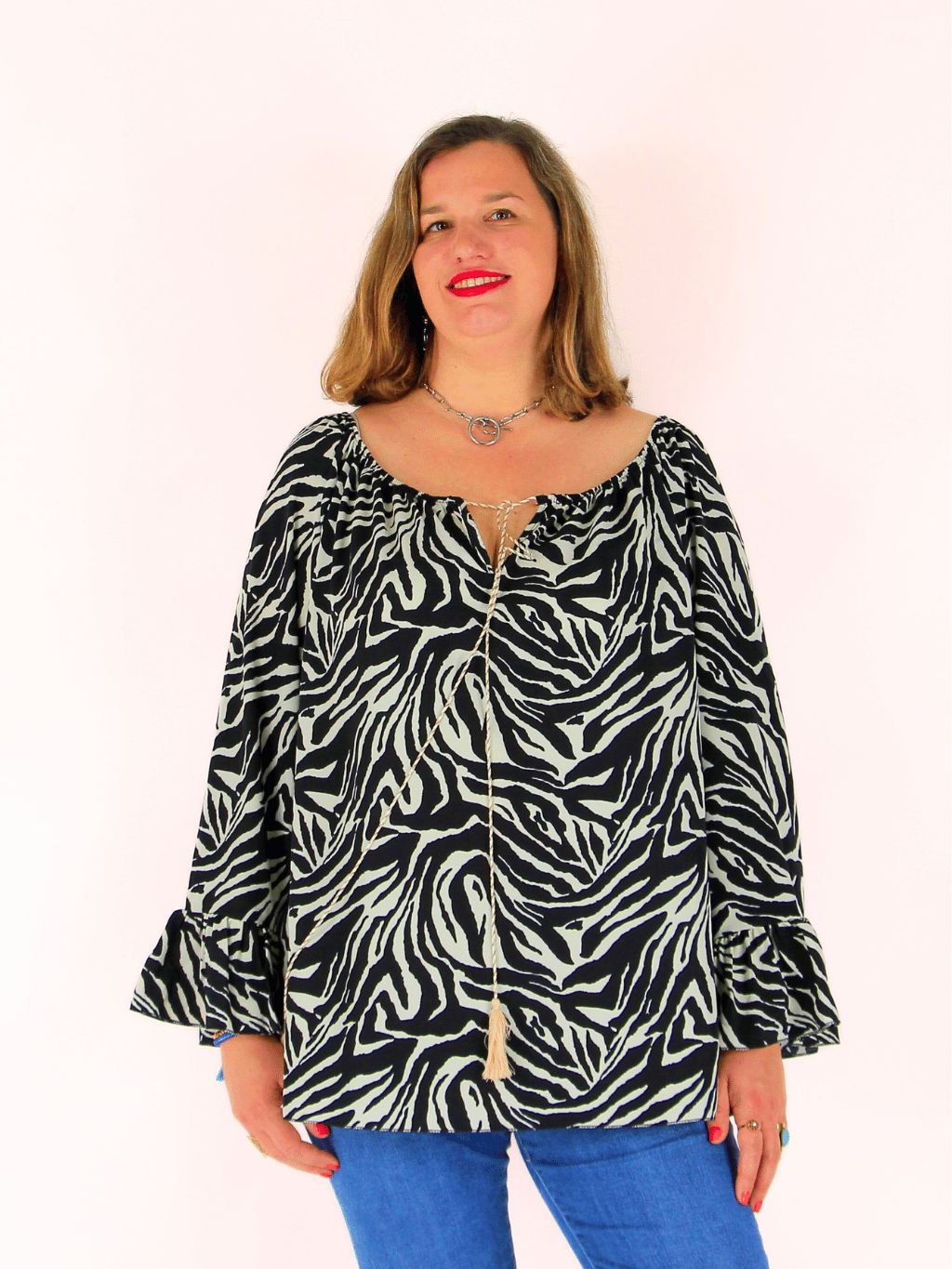 Blouse Grande Taille 50/52 Blanc Imp Noir - Polyester, Manches Courtes, Neuve Avec étiquettes