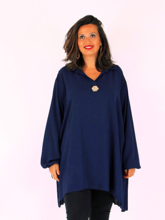 Tunique grande taille KEILA crêpe de viscose avec broche bleu marine