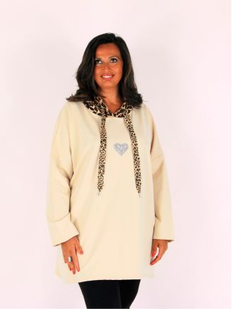 Sweat à capuche femme grande taille ZILDA léopard et strass beige