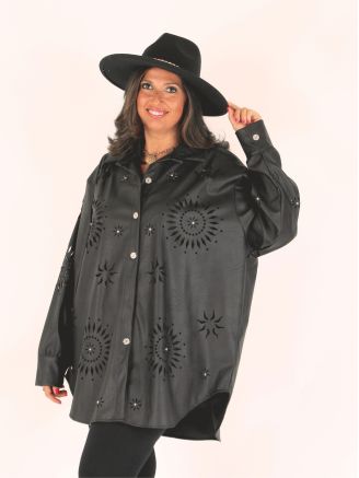 Chemise simili cuir découpes et strass SIRLENE noir
