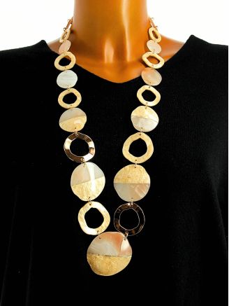 Collier sautoir résine de qualité CL5115 doré et beige