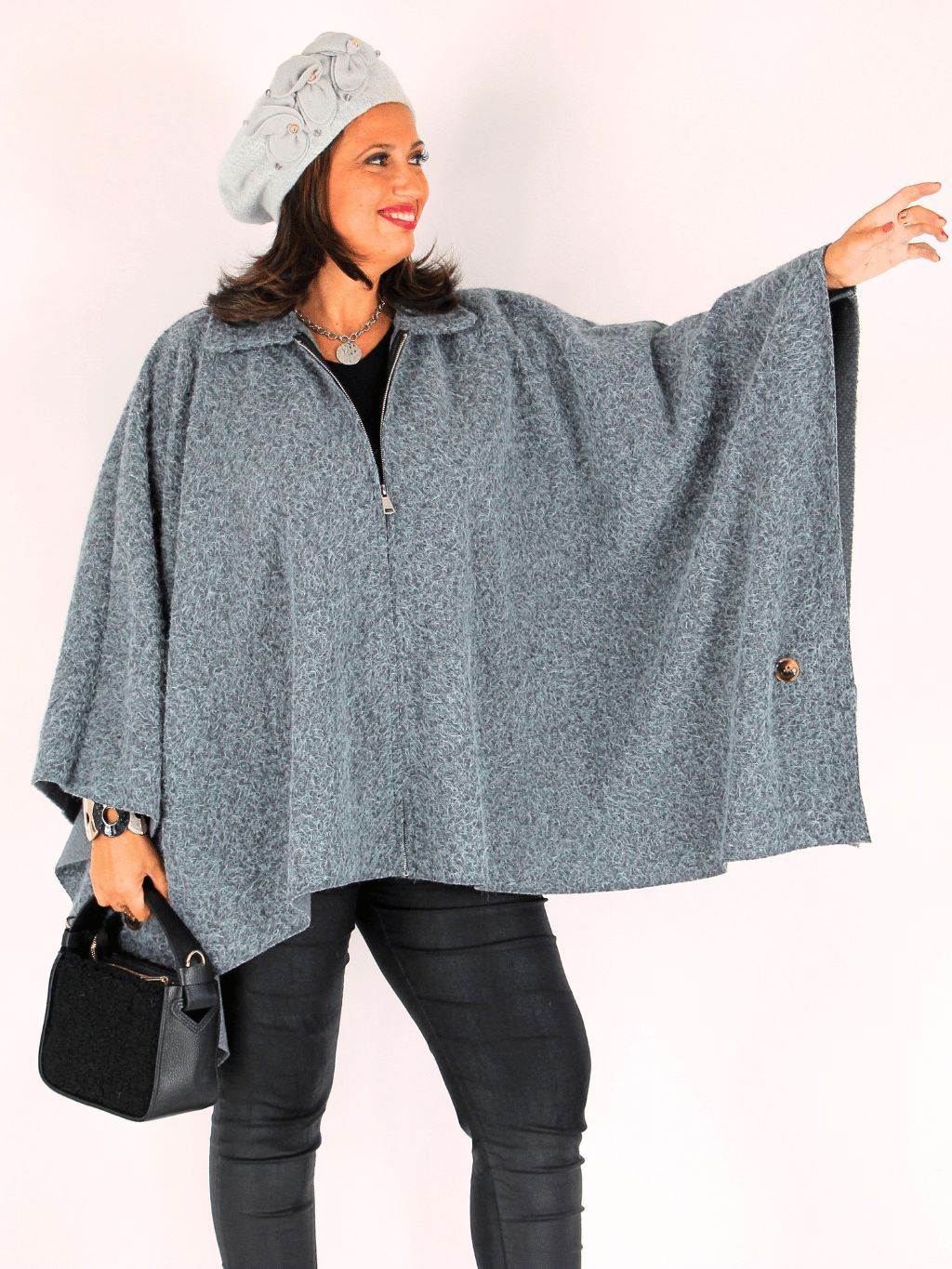 Cape Poncho à Capuche Noir Et Gris - Taille Unique - Maille Coton - Occasion Très Bon état