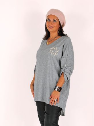 Pull tunique grande taille maille douce STEFFANIE gris