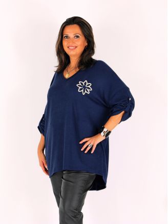 Pull tunique grande taille maille douce STEFFANIE bleu marine