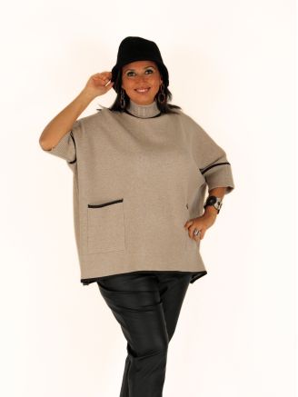 Pull tunique grande taille col montant MATILDE beige