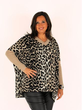 Pull poncho léopard bohème chic JESSIKA beige
