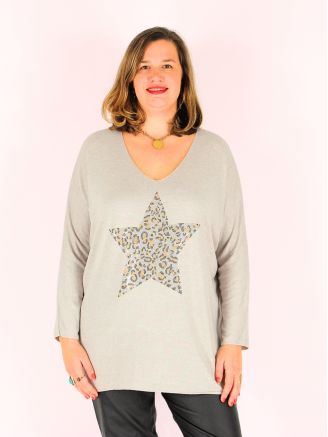 Pull tunique étoile léopard strass SILVINA beige