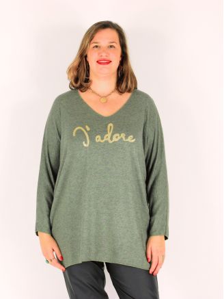 Pull tunique MARCELA en maille douce imprimé "J'adore" kaki