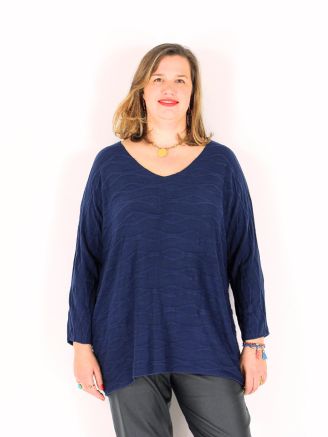Pull tunique fin en maille douce à reliefs ondulés MICAELA bleu marine