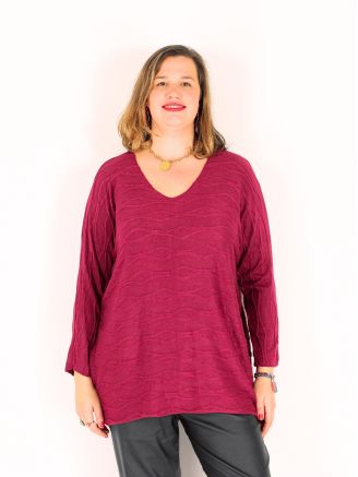 Pull tunique fin en maille douce à reliefs ondulés MICAELA bordeaux