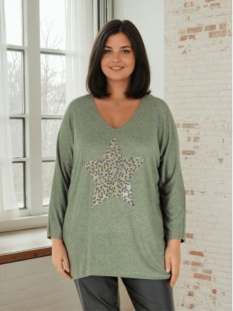 Pull tunique étoile léopard strass SILVINA kaki