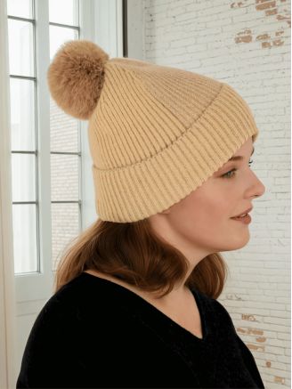 Bonet pompon laine et angora fil de lurex HB402 camel